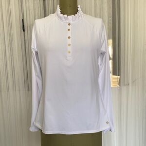 Lilly Pulitzer Luxletic Women's White Ruffled Long Sleeve Golf Gold Button Top